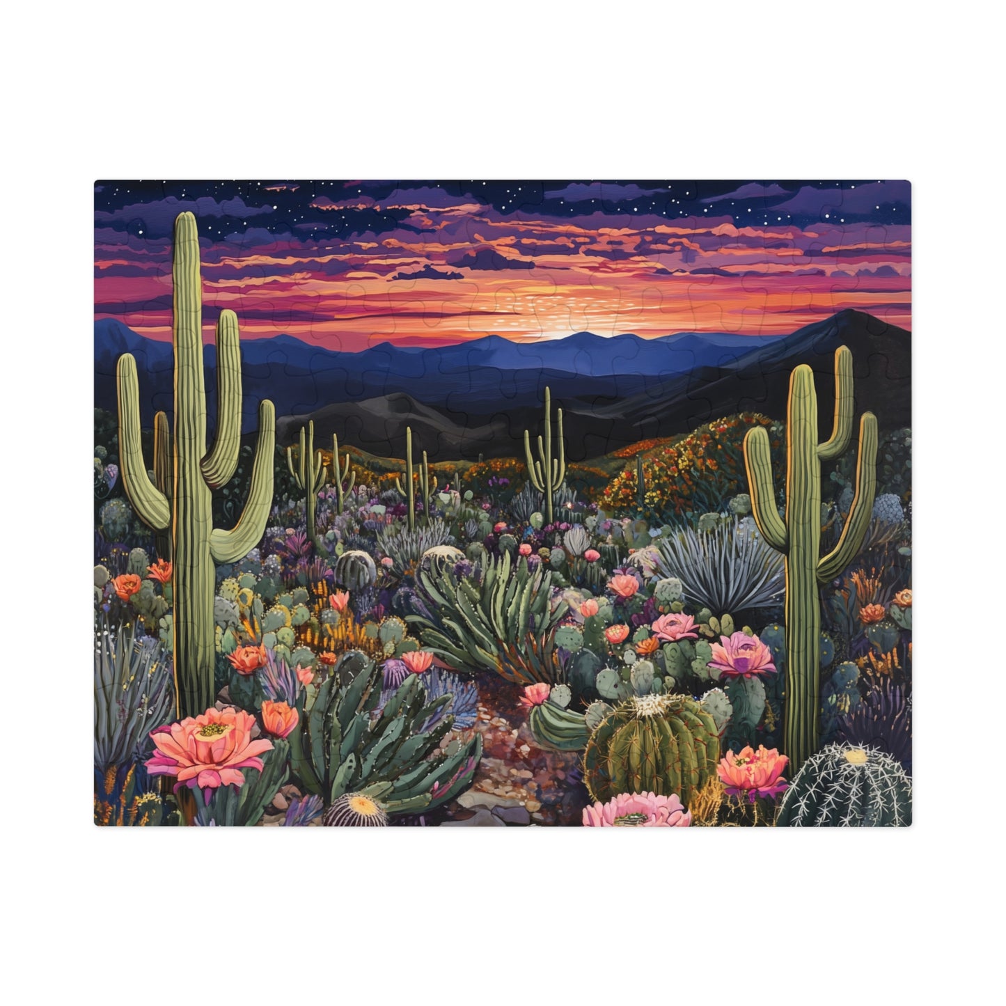 Desert Cactus Sunset Jigsaw Puzzle with Tin | Desert Landscape Puzzle
