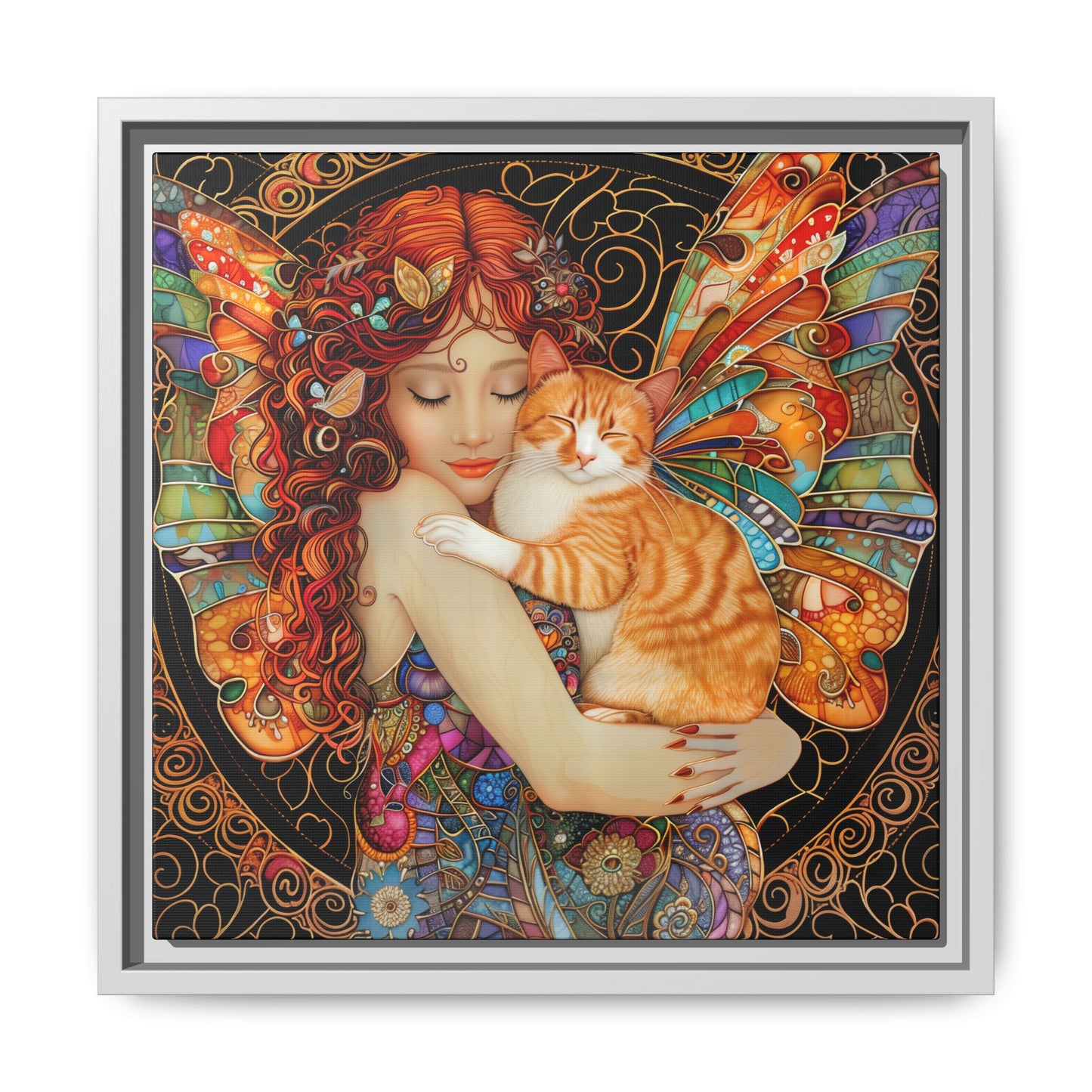 Framed "Tabby"  Fantasy Canvas Art Print - Whimsical Wall Decor, Fairy and Cat Illustration, Magical Gift for Cat Lovers