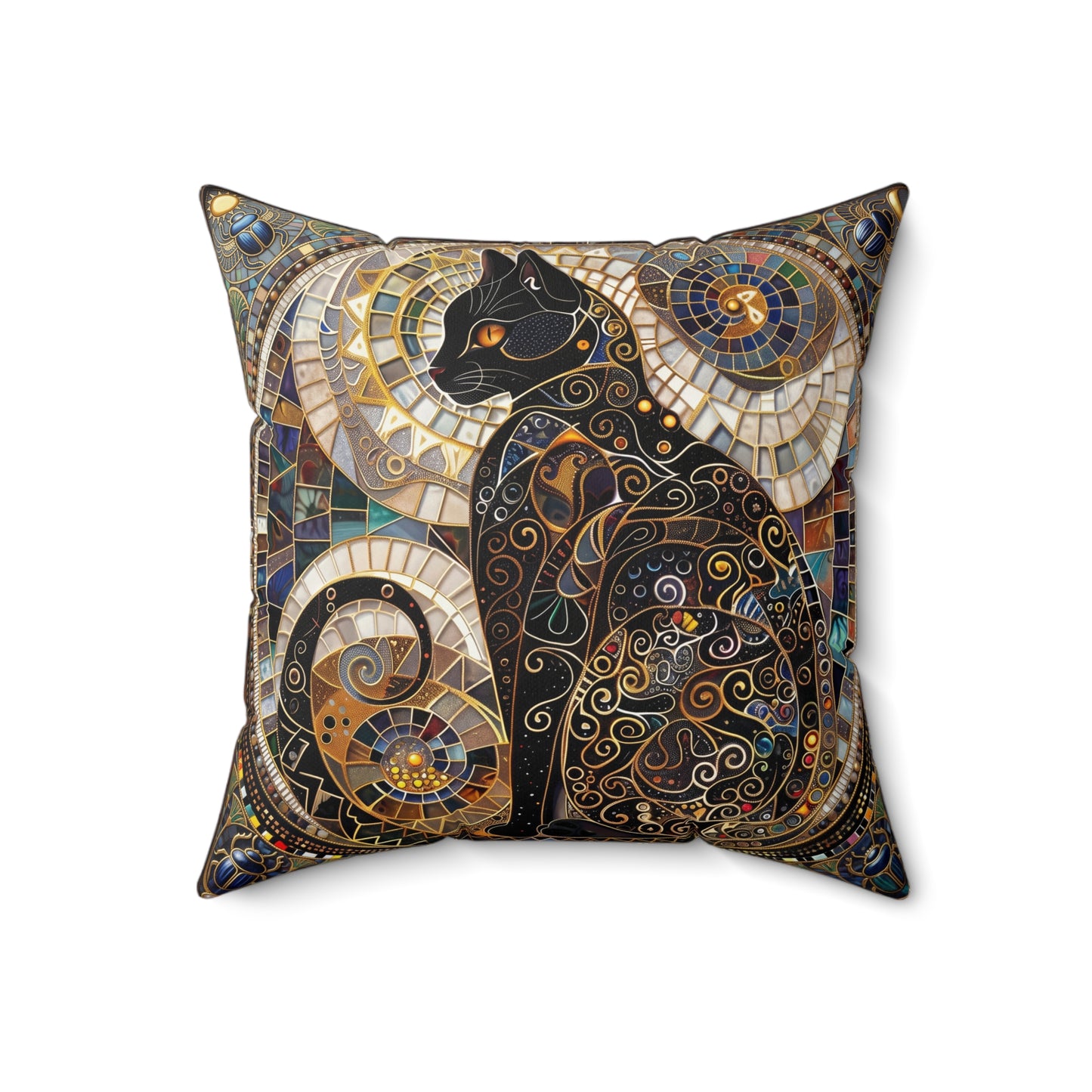 Mosaic Black Cat Pillow  Faux Suede Square Pillow
