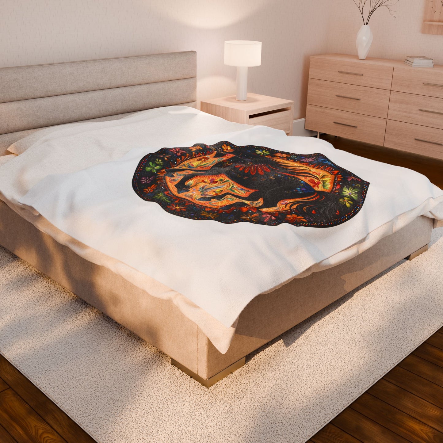 Bohemian Black Horse Velveteen Plush Blanket, Cozy Throw, Vibrant Decor, Equine Lover Gift, Soft Home Accents, Unique Wall Art