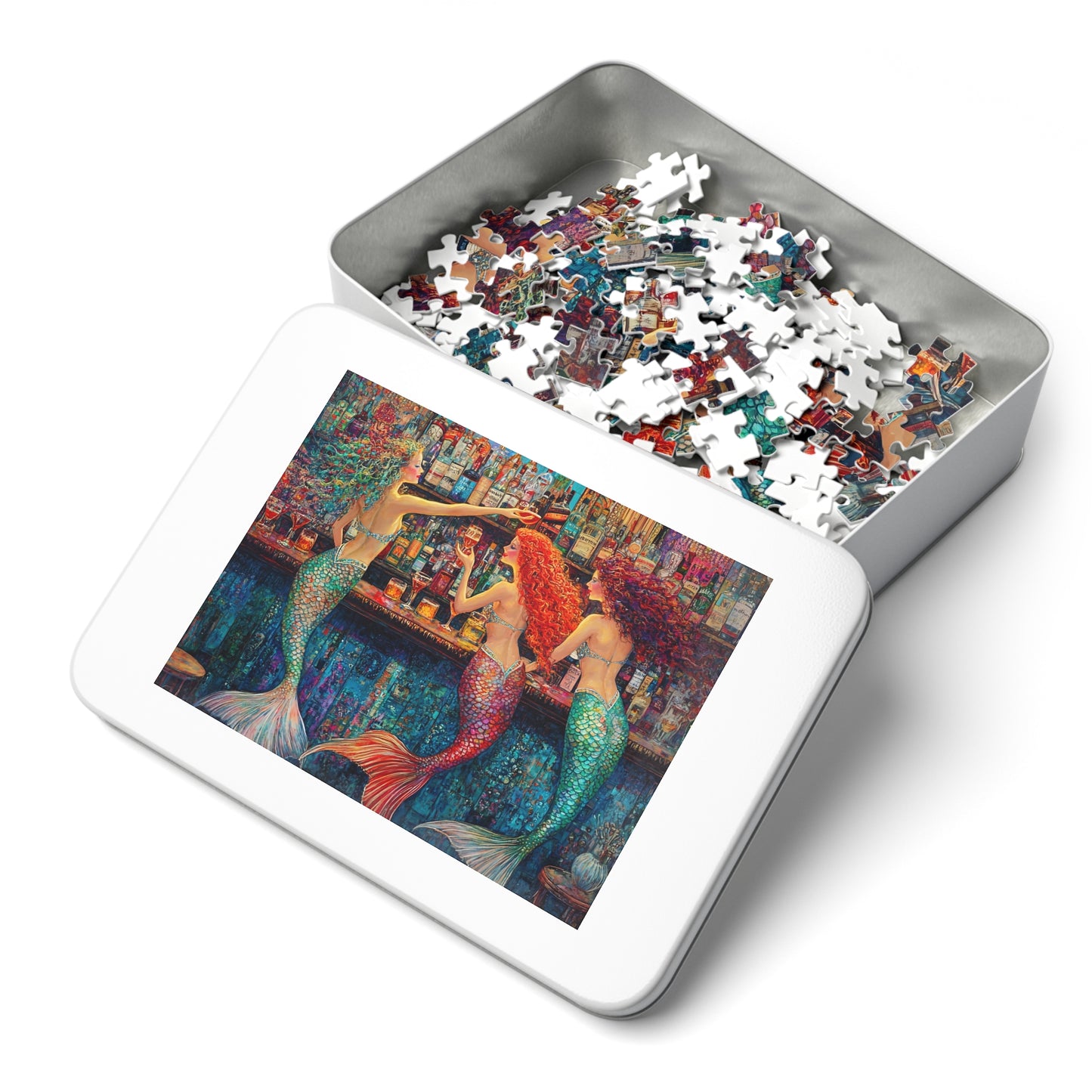 Mermaid Bar Scene Jigsaw Puzzle with Tin | Colorful Ocean Sirens