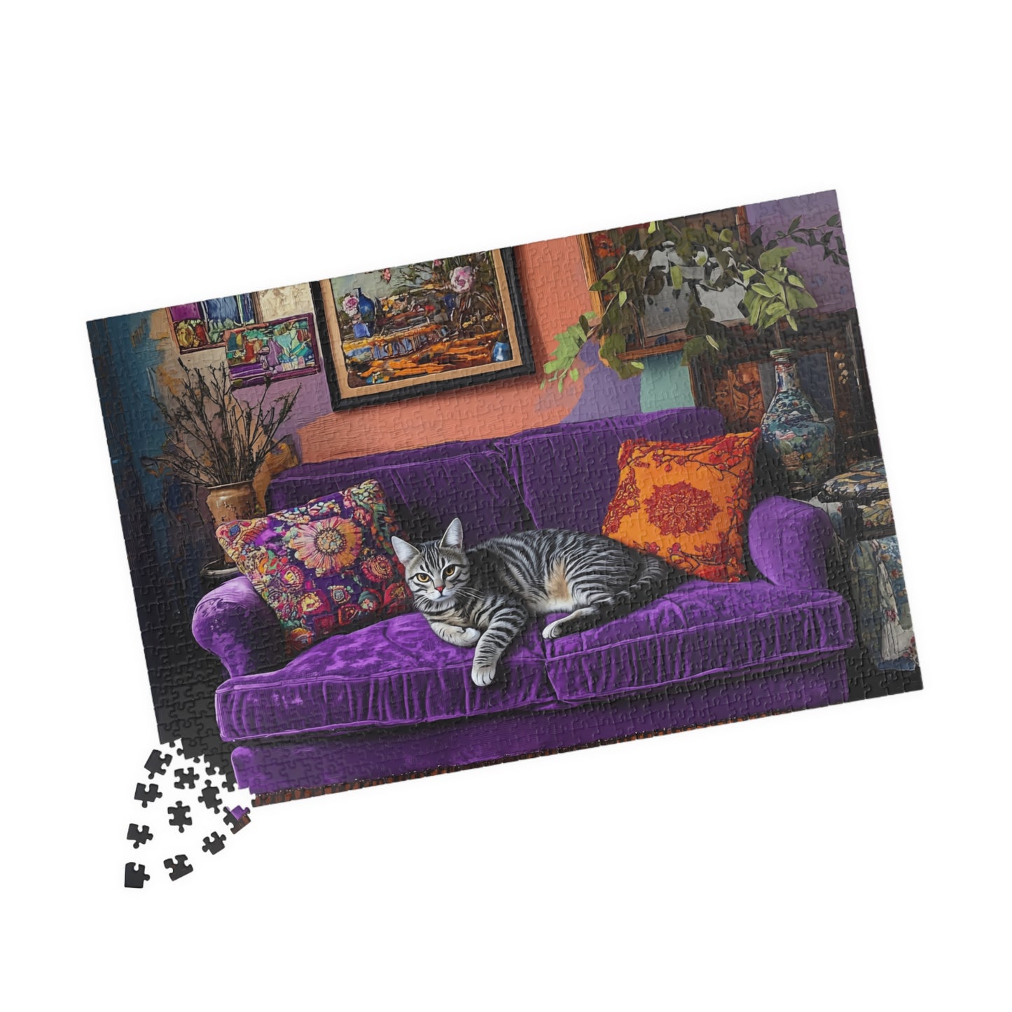 Tabby "House Cat" on Purple Couch Puzzle | 252-1014 Piece Jigsaw