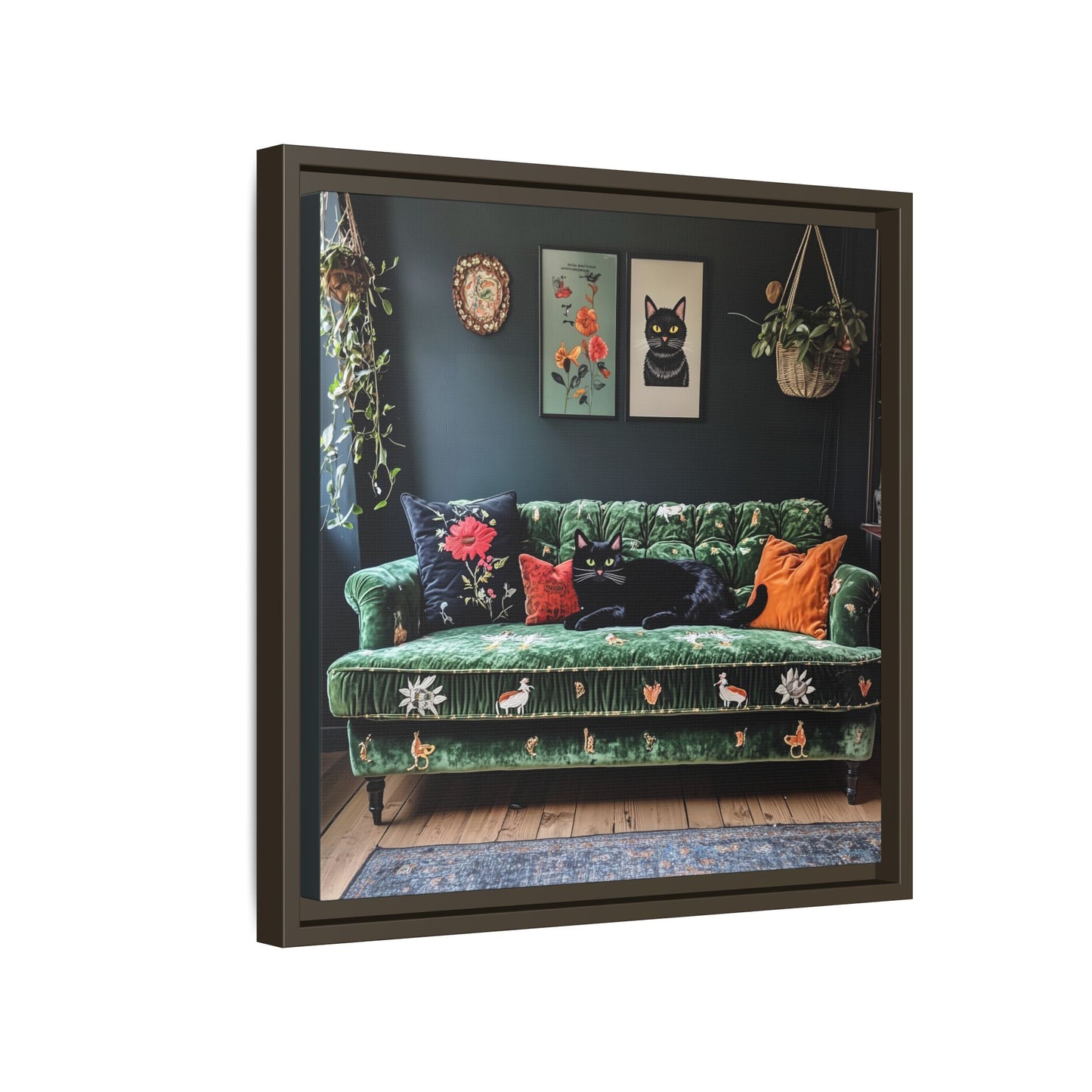 Black "House Cat" Living Room Art Matte Canvas Framed, Green Sofa Boho