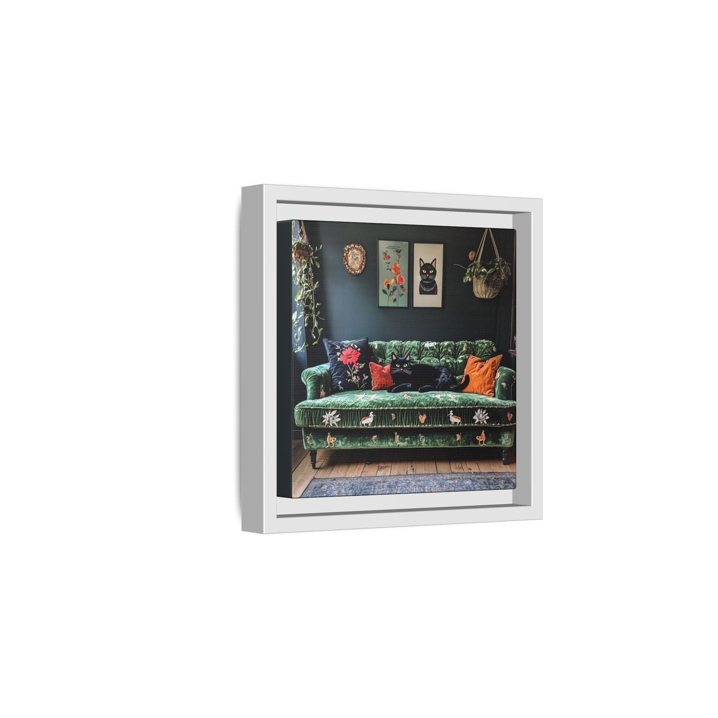 Black "House Cat" Living Room Art Matte Canvas Framed, Green Sofa Boho