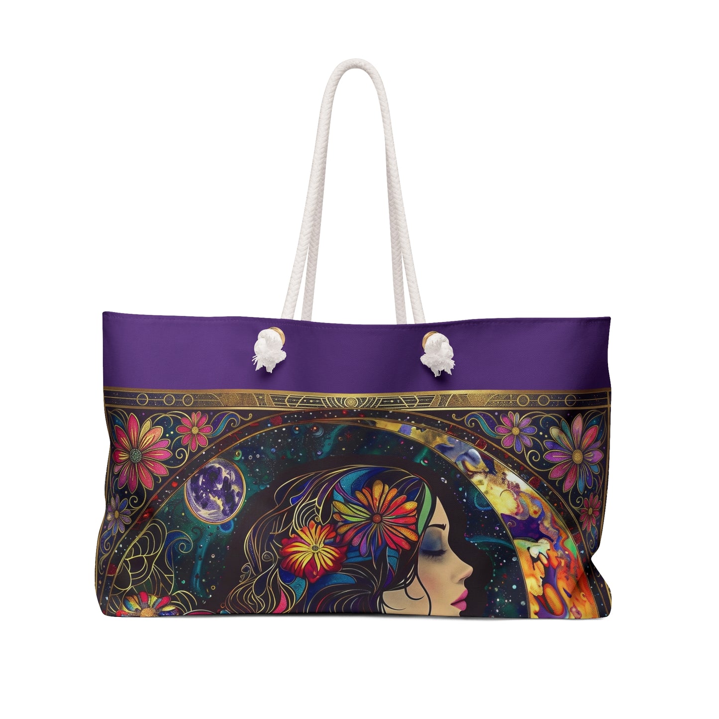 Floral Moon Woman Weekender Bag  Boho Celestial Tote, Purple,  Rope Handles