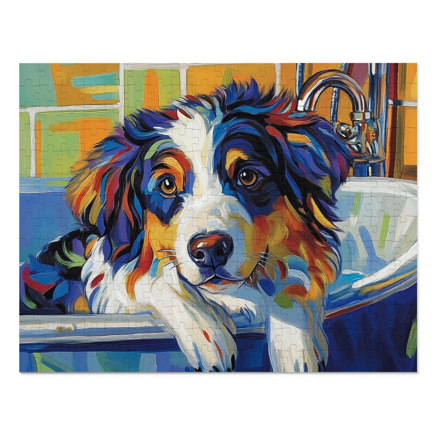 Bathtub Puppy Aussie Dog Jigsaw Puzzle with Tin | 500pc Painted Pet Art, Australian Shepherd Gift