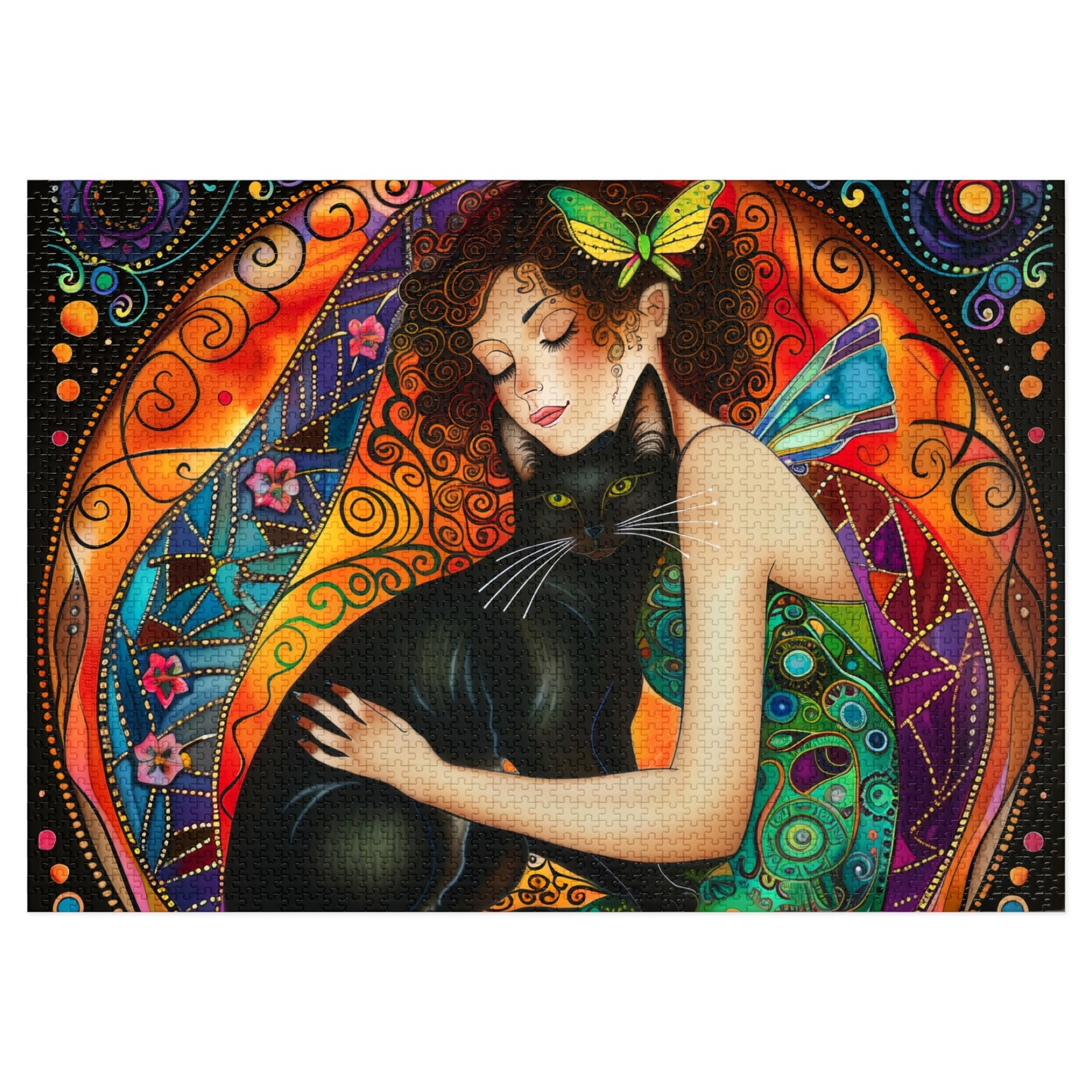 Fairy Embracing Black Cat Jigsaw Puzzle with Tin | Colorful Boho Art