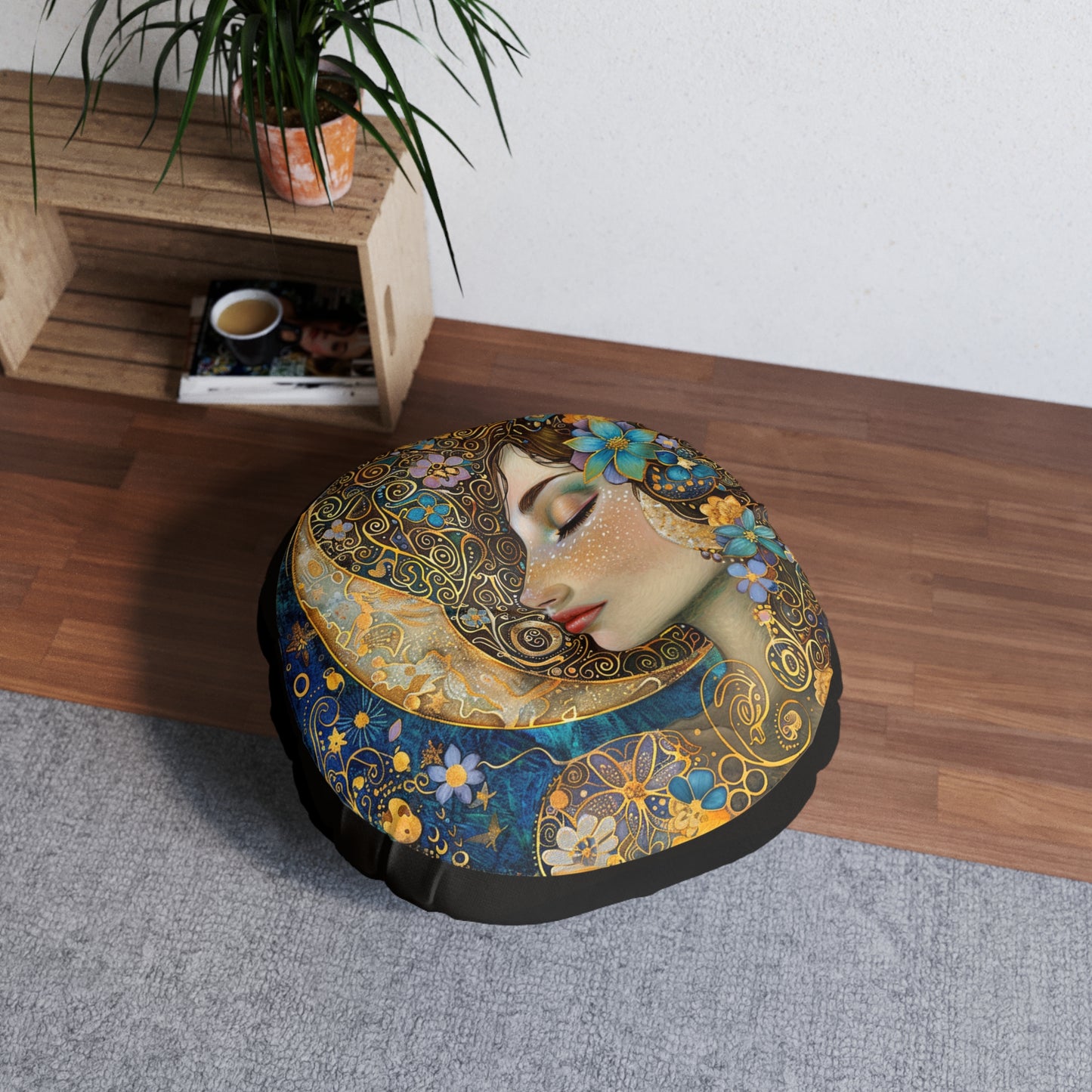 Lady of The Moon Bohemian Round Tufted Floor Pillow, Cozy Home Decor, Meditation Cushion, Artistic Pillow, Gift for Her