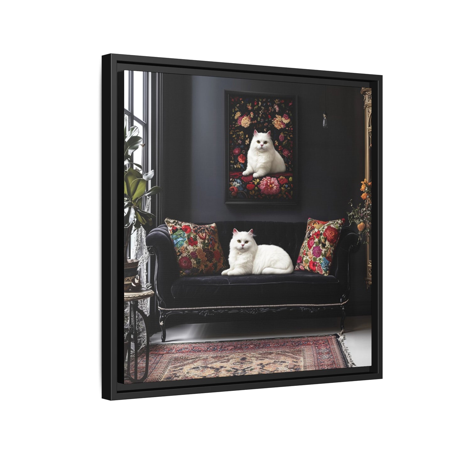 White Persian "House Cat" Portrait Matte Canvas Framed | Floral Still Life Wall Art