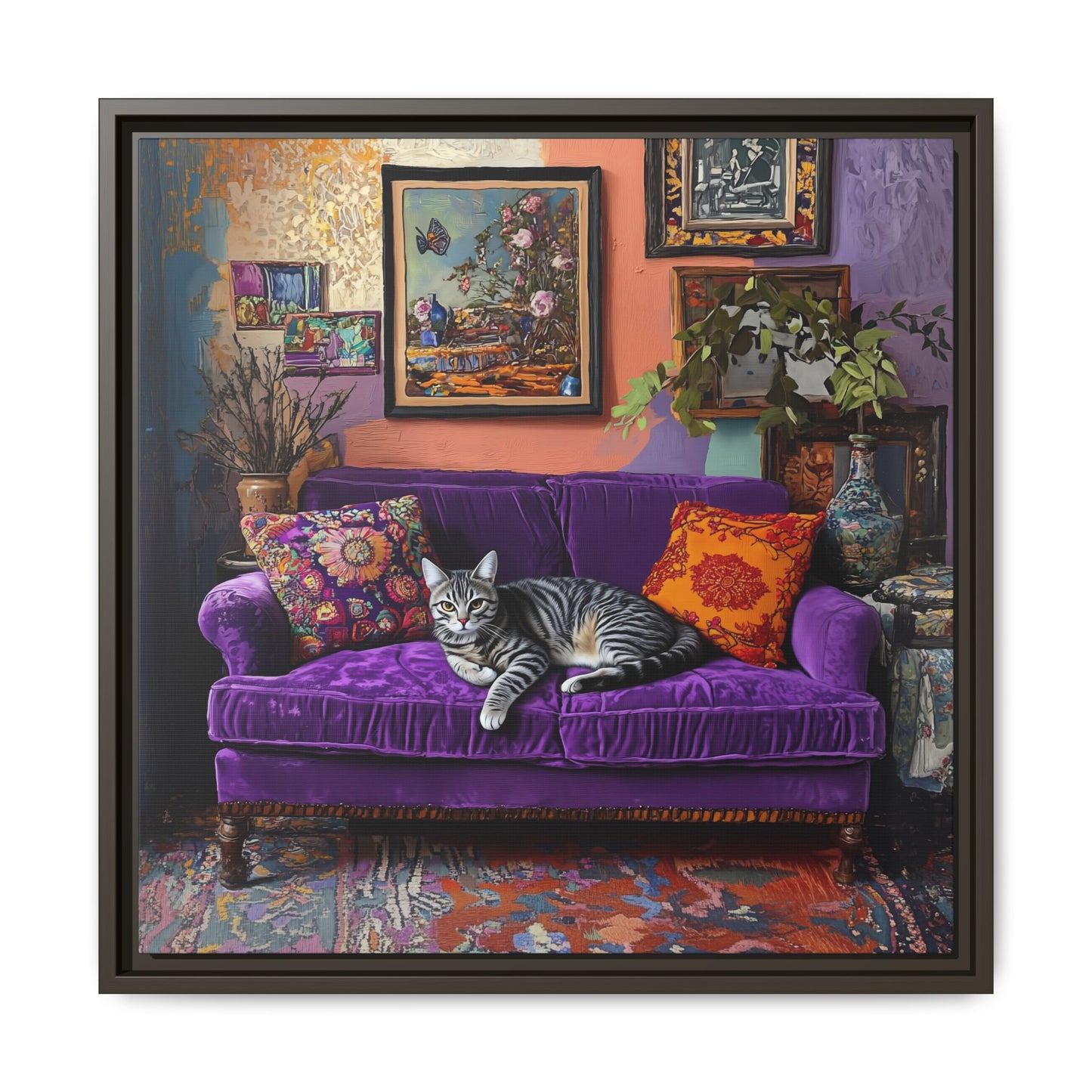 Tabby "House Cat" on Purple Velvet Sofa Matte Canvas Framed | Wall Art