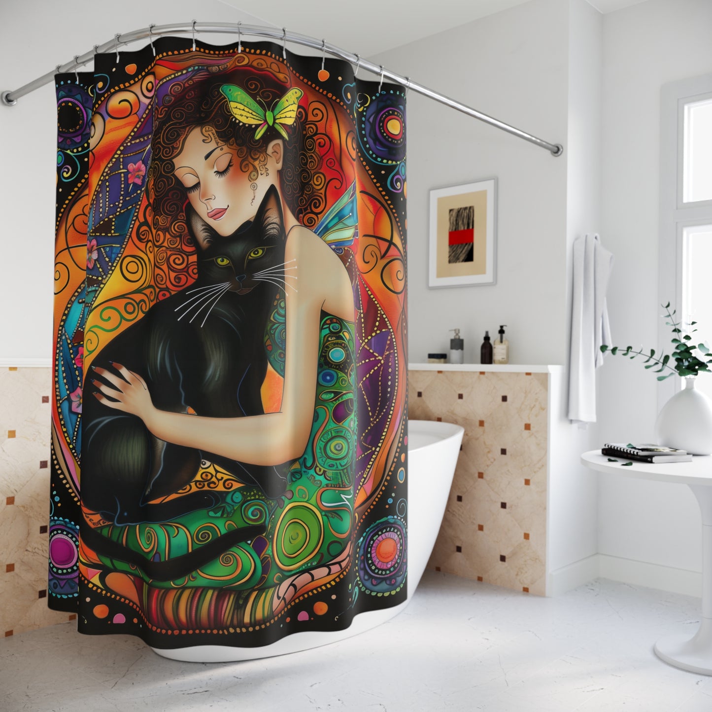 Whimsical Fairy Cat Shower Curtain – Enchanting Bathroom Décor for Cat Lovers