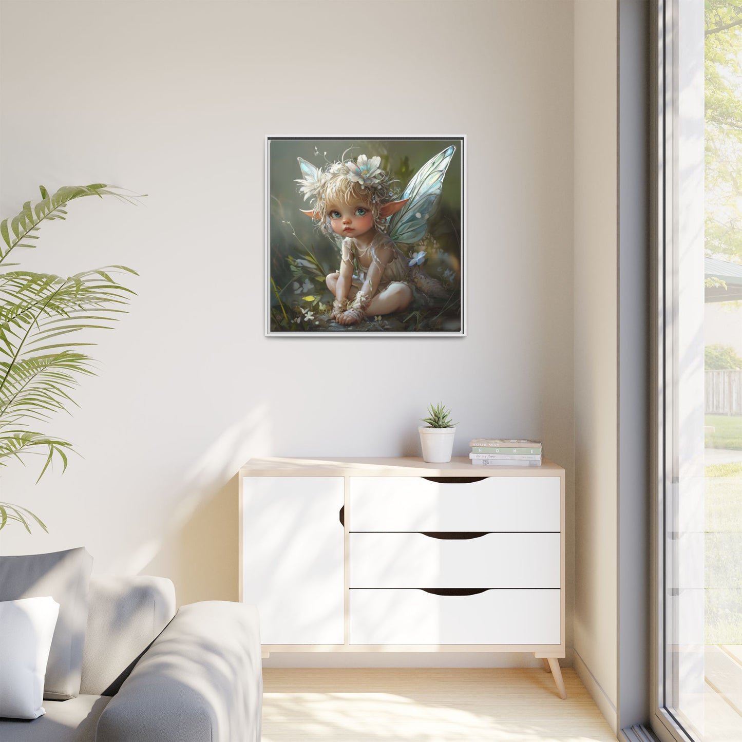 Baby Fairy Art Print, Framed Canvas, Whimsical Home Decor, Fairy Tale Gift, Magical Nursery Wall Art