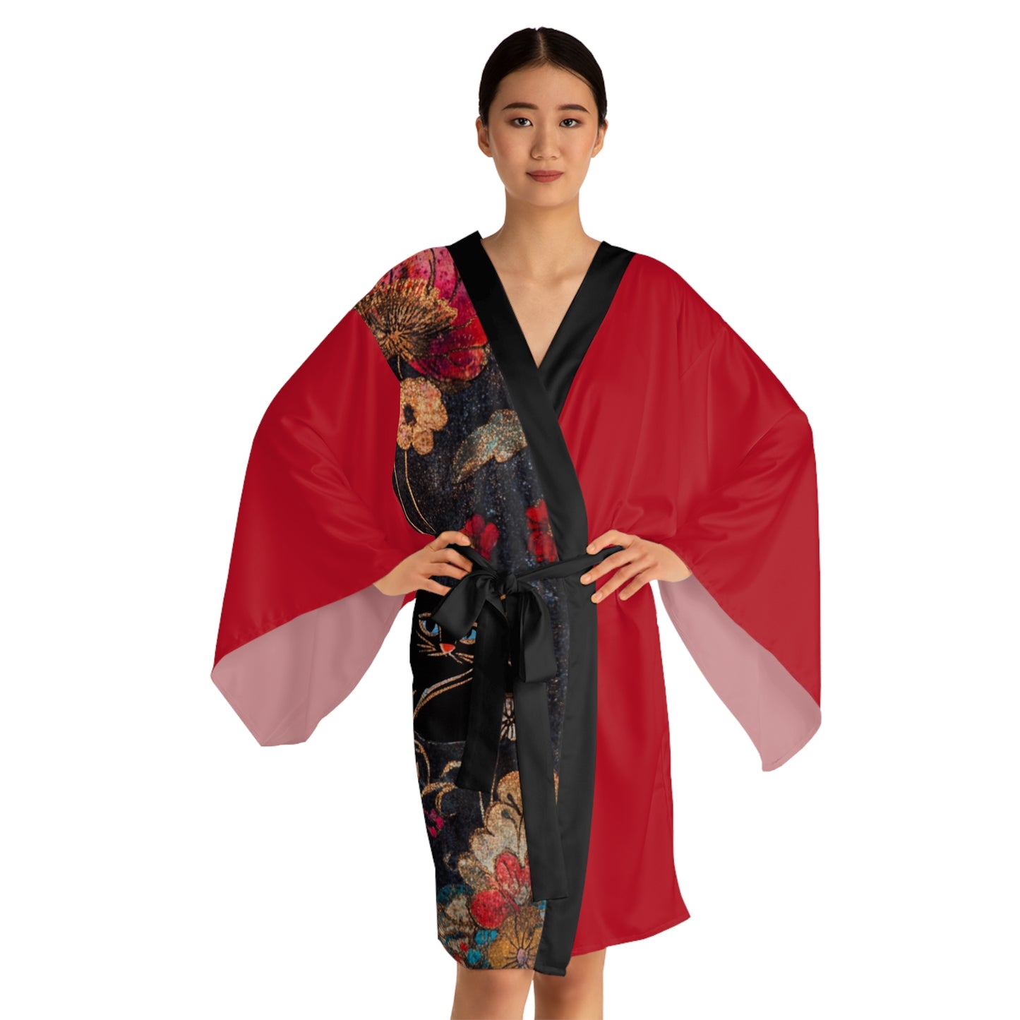 Geisha Cat-Pattern Long Sleeve Kimono Robe, Cozy Lounge Wear, Perfect for Relaxation, Gifts, Home Spa, Traditional Style