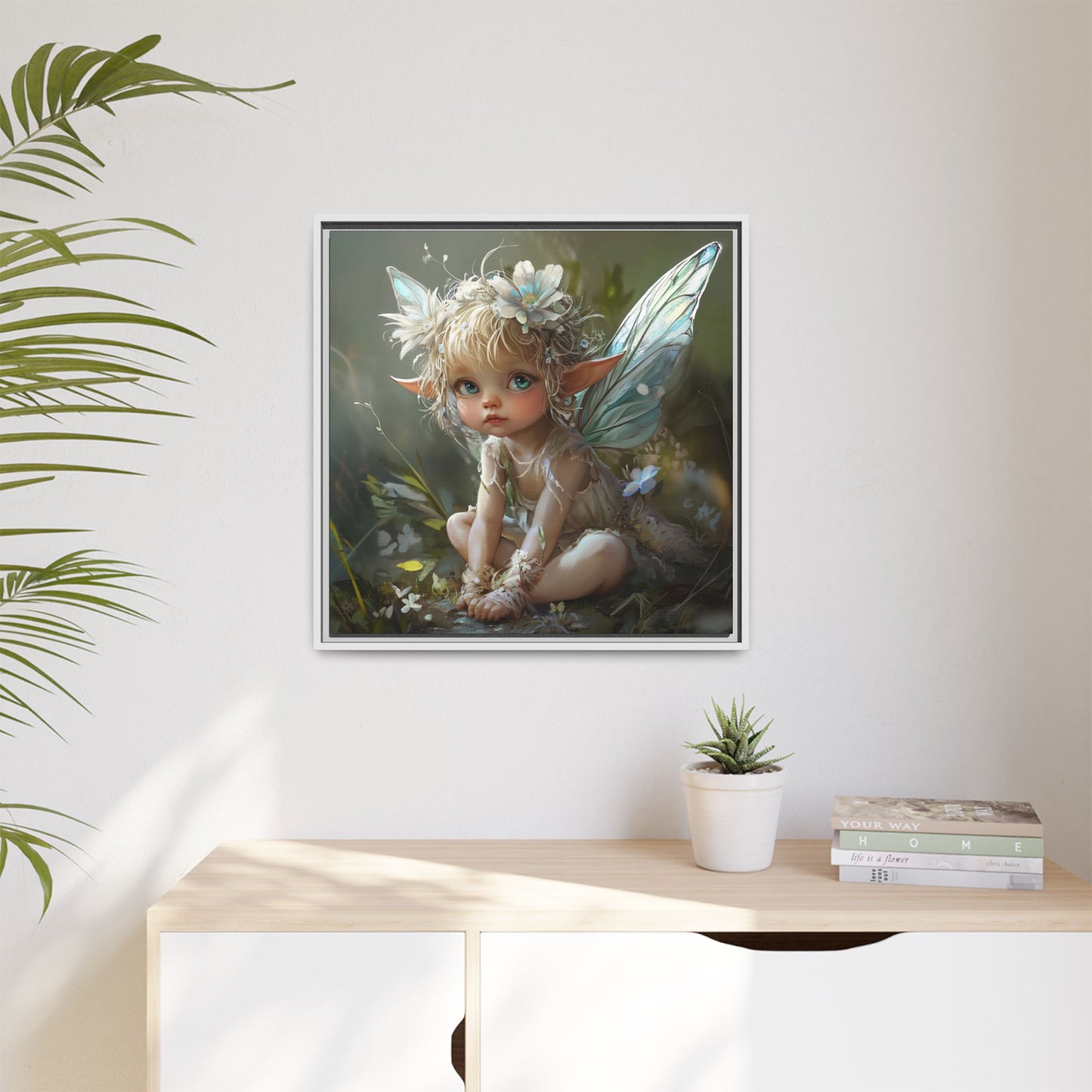 Baby Fairy Art Print, Framed Canvas, Whimsical Home Decor, Fairy Tale Gift, Magical Nursery Wall Art