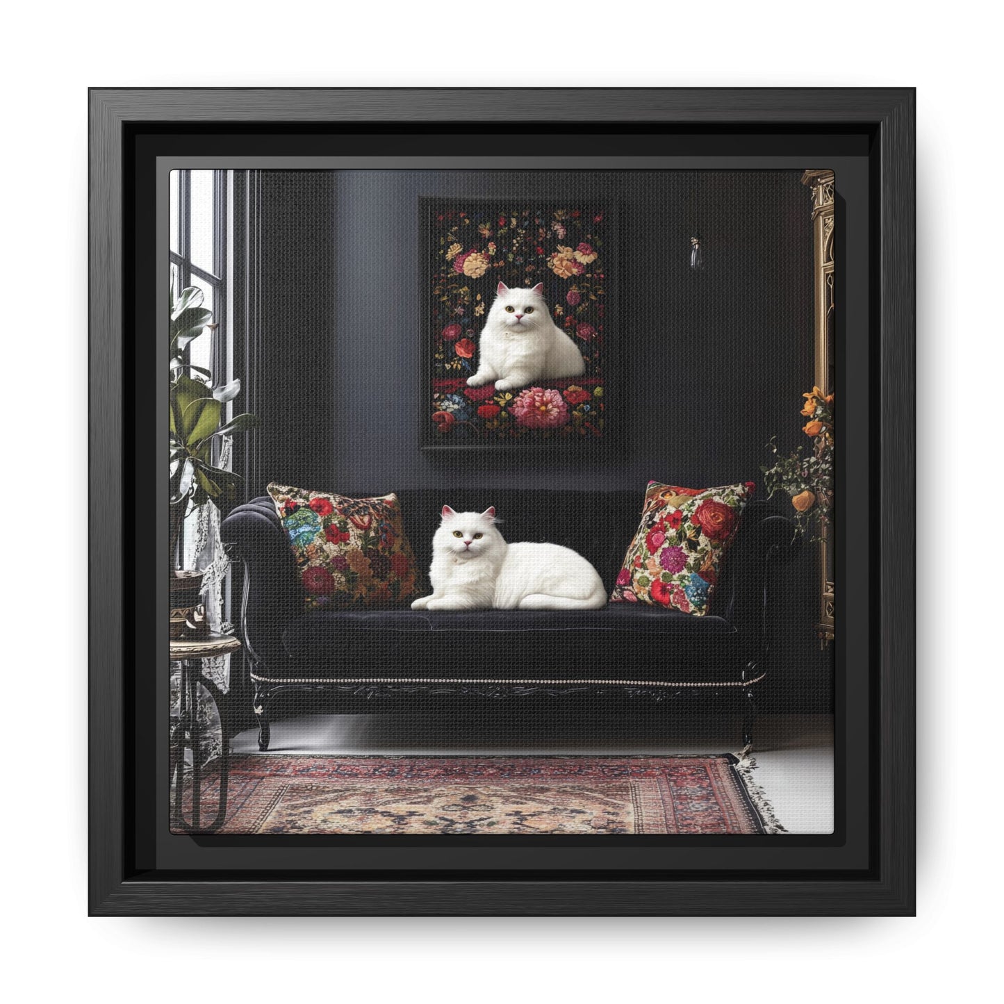 White Persian "House Cat" Portrait Matte Canvas Framed | Floral Still Life Wall Art