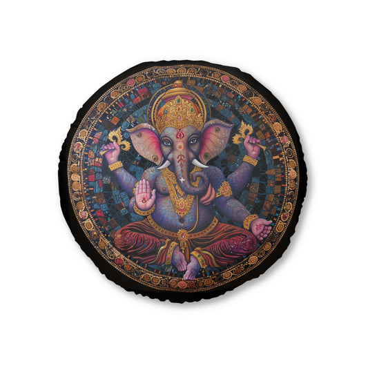 Ganesha Meditative Tufted Floor Pillow, Bohemian Decor, Round Cushion, Relaxation Seat, Yoga Mat Accessory, Ganesha Art Pillow