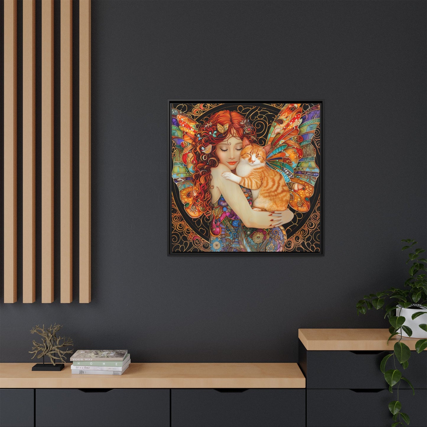 Framed "Tabby"  Fantasy Canvas Art Print - Whimsical Wall Decor, Fairy and Cat Illustration, Magical Gift for Cat Lovers