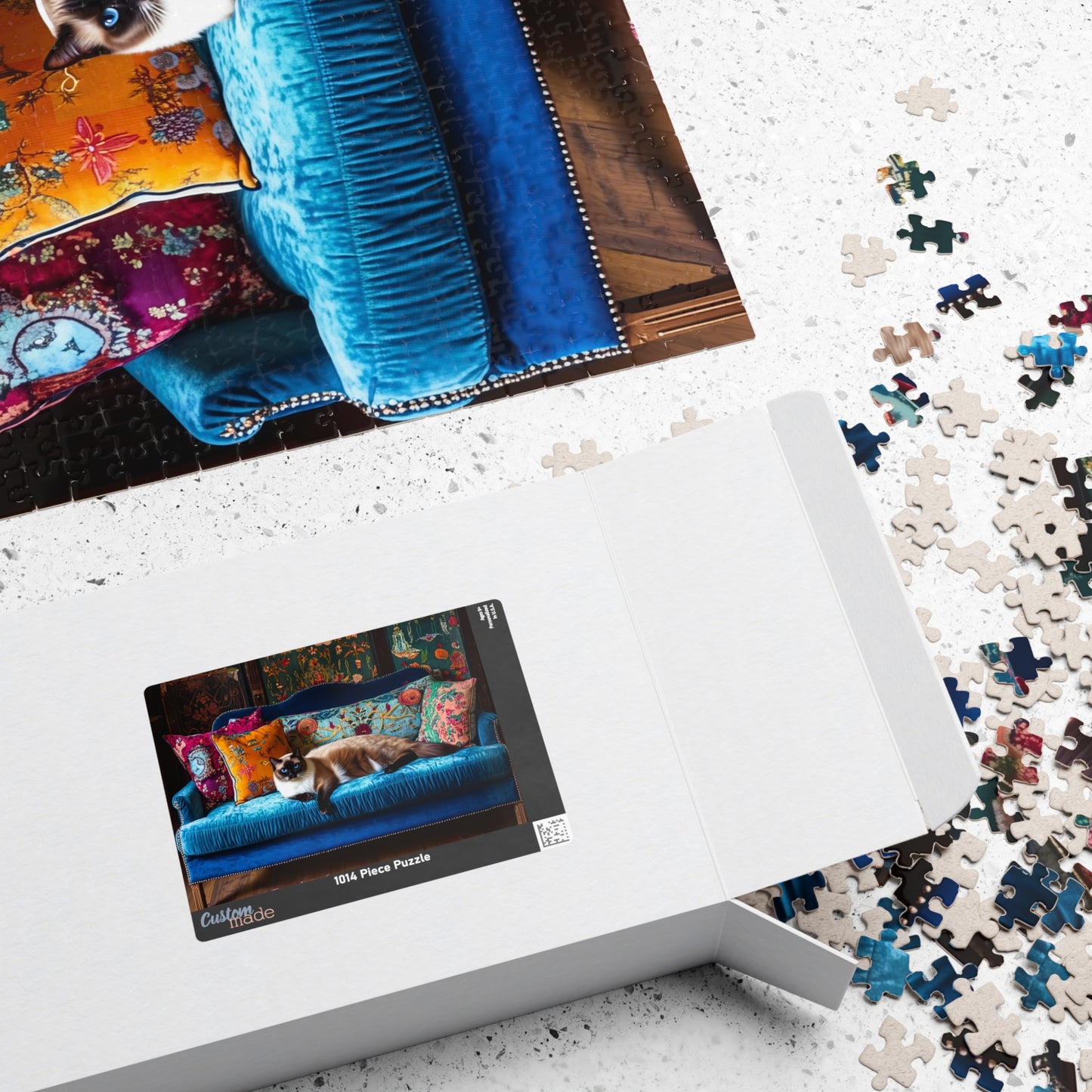 Siamese "House Cat" on Blue Velvet Sofa Puzzle | 252/520/1014-piece Jigsaw