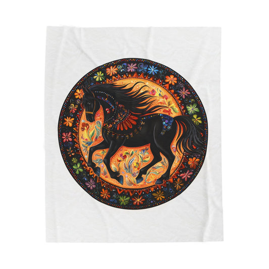 Bohemian Black Horse Velveteen Plush Blanket, Cozy Throw, Vibrant Decor, Equine Lover Gift, Soft Home Accents, Unique Wall Art