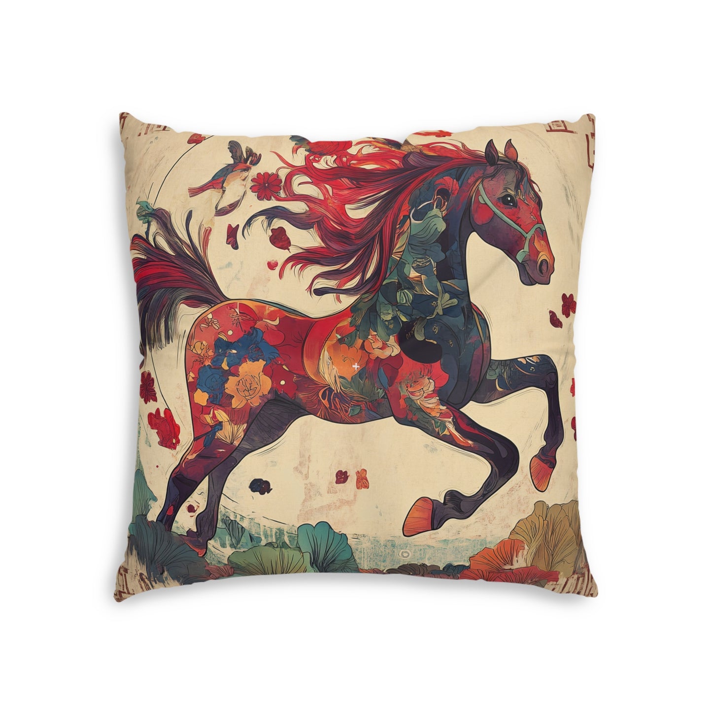Year of the Horse Tufted Floor Pillow, Square | Colorful Equestrian Accent Cushion