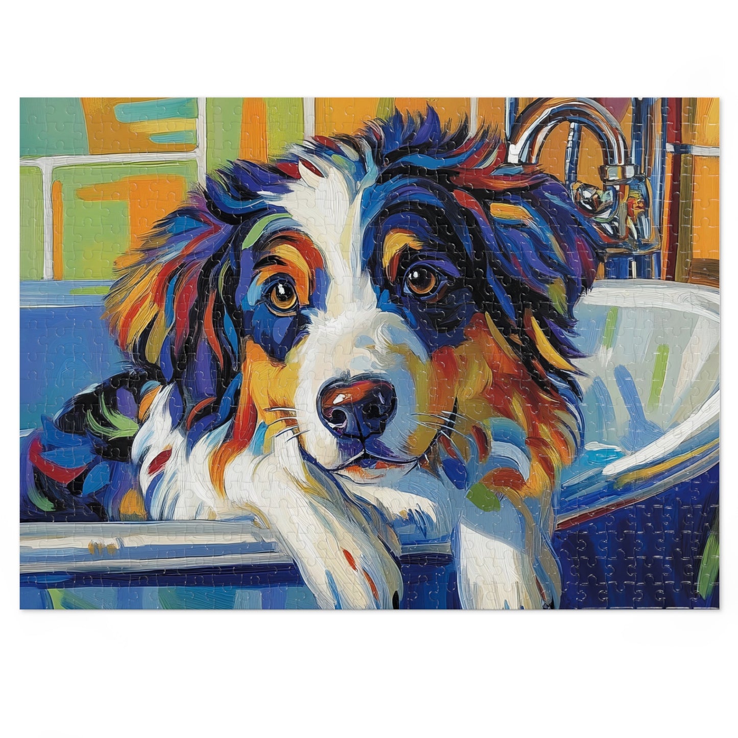 Bathtub Puppy Aussie Dog Jigsaw Puzzle with Tin | 500pc Painted Pet Art, Australian Shepherd Gift