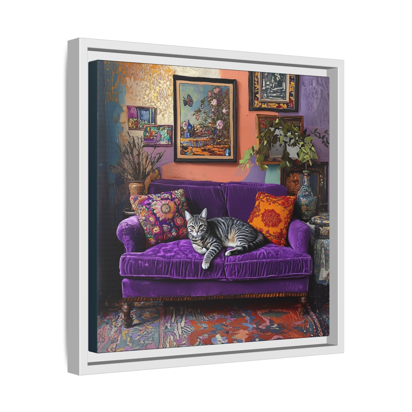 Tabby "House Cat" on Purple Velvet Sofa Matte Canvas Framed | Wall Art