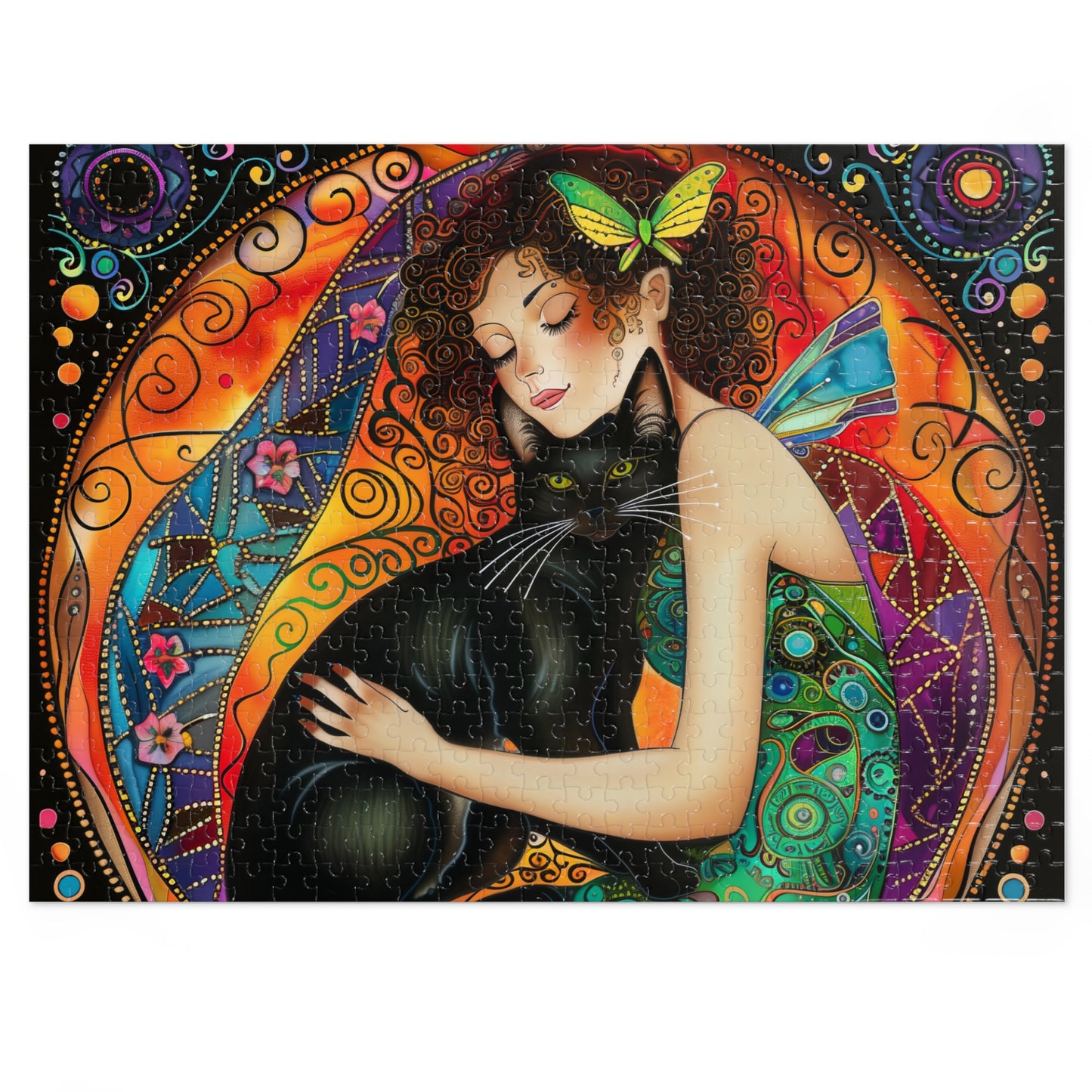 Fairy Embracing Black Cat Jigsaw Puzzle with Tin | Colorful Boho Art