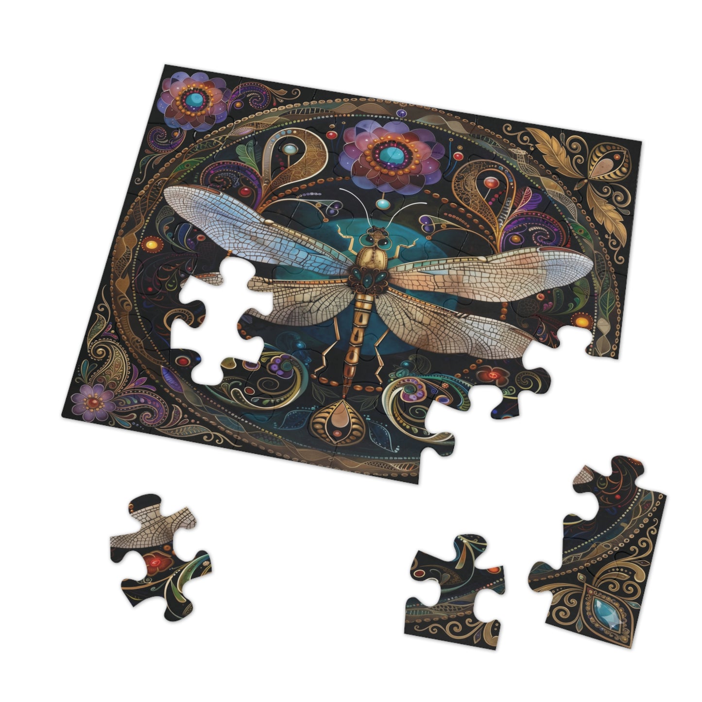 Ornate Dragonfly Jigsaw Puzzle with Tin | Ornate Floral Mosaic