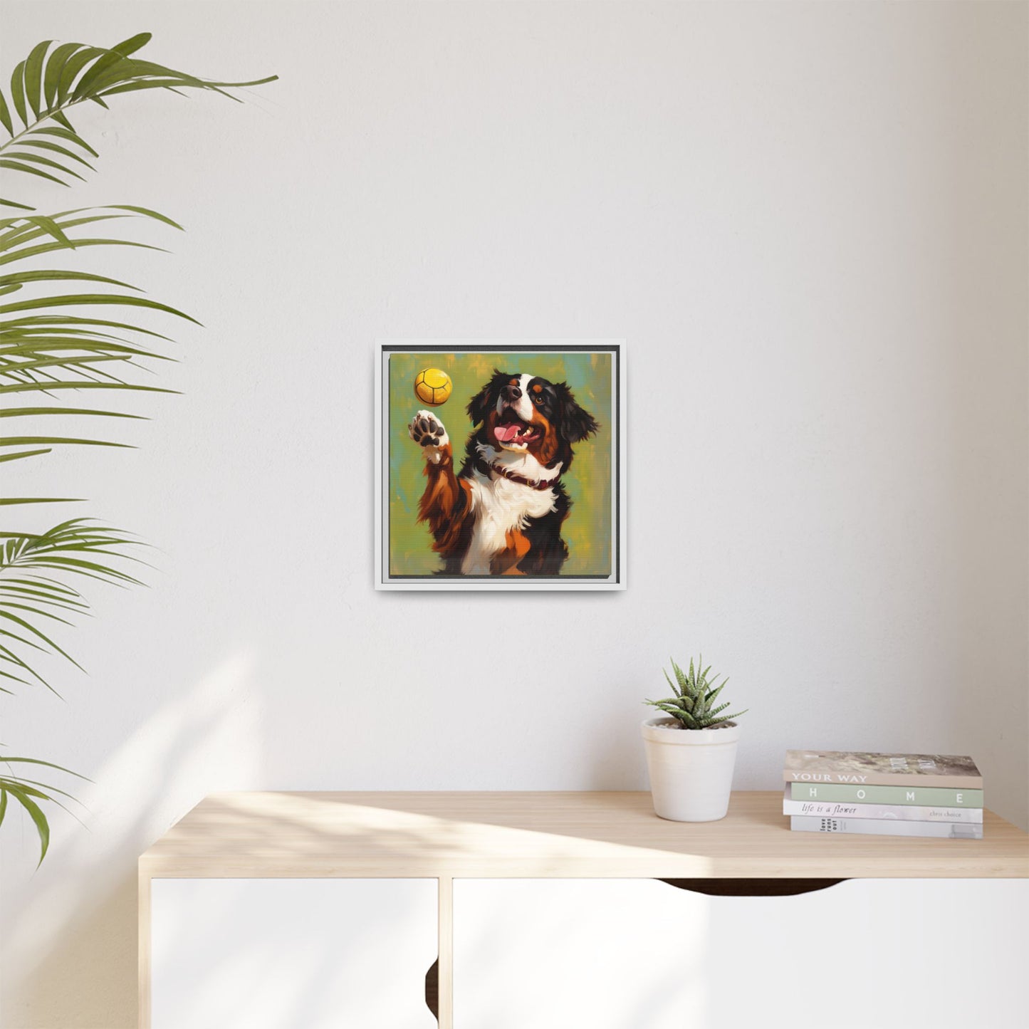 Bernese Mountain Dog Playing Picklball Canvas Wall Art, Matte Canvas Framed