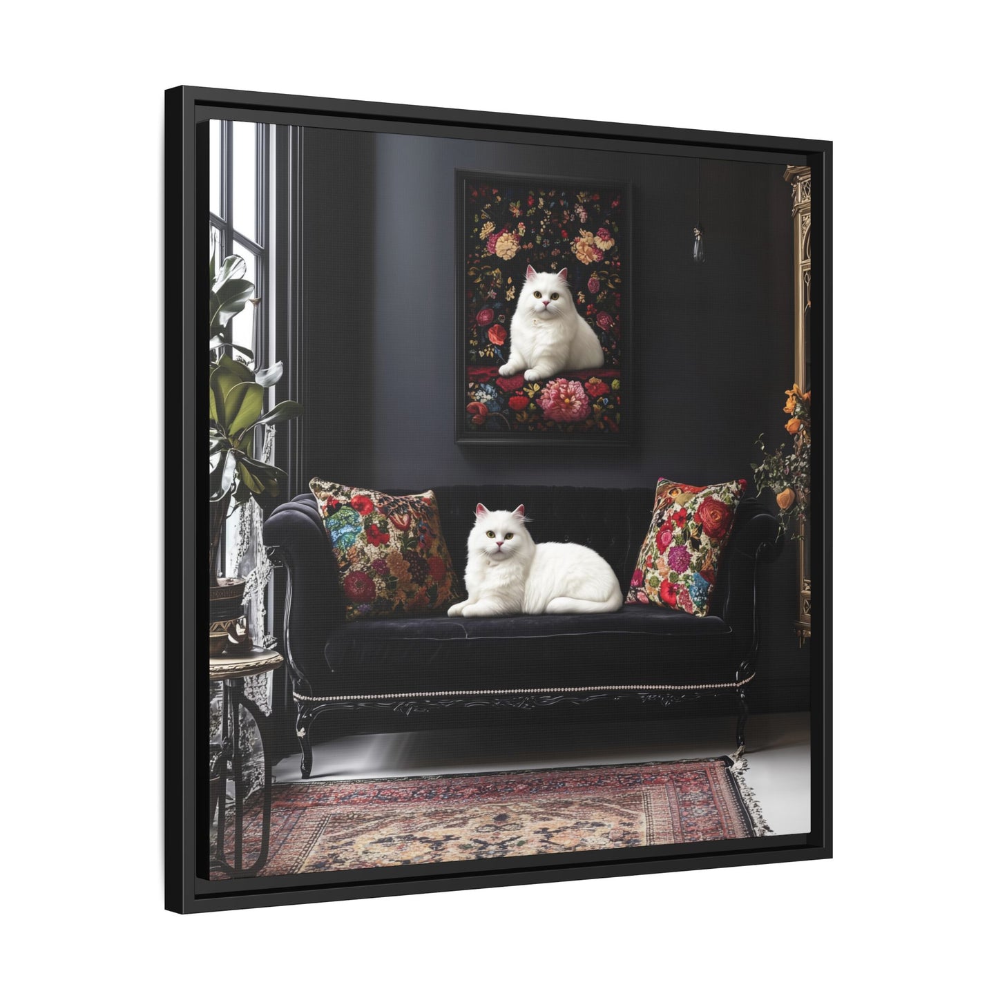 White Persian "House Cat" Portrait Matte Canvas Framed | Floral Still Life Wall Art