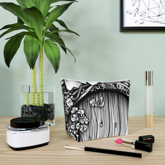 Fairy Door Cotton Cosmetic Bag, Floral Makeup Pouch, Gift for Her, Earthy Storage Bag, Travel Toiletry Organizer, Eco-Friendly
