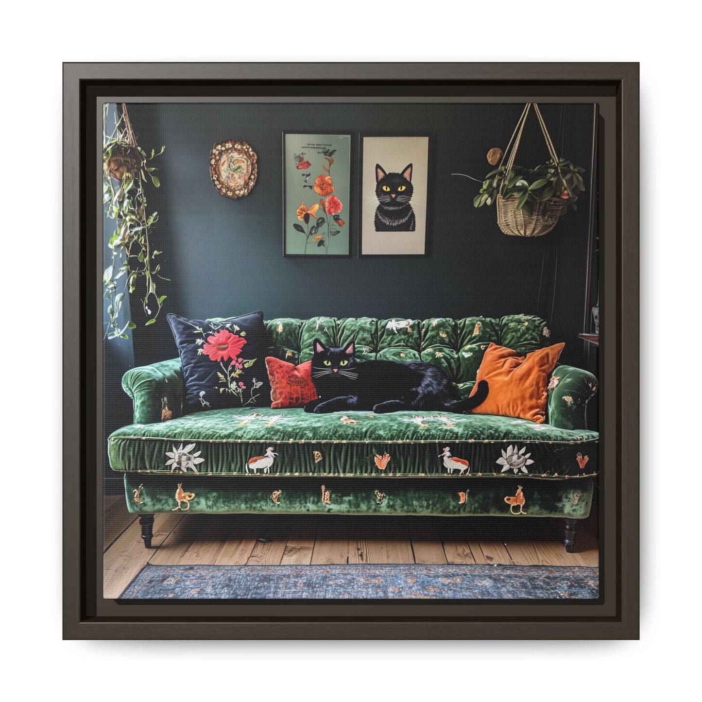 Black "House Cat" Living Room Art Matte Canvas Framed, Green Sofa Boho