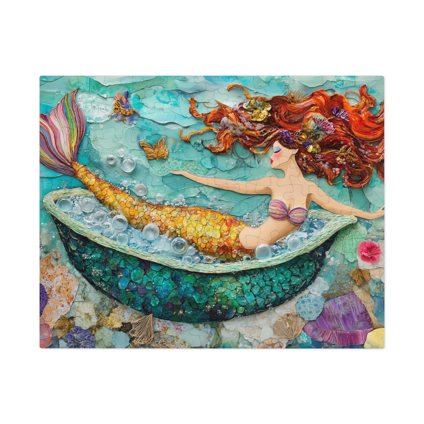 Bubbles Mermaid Bath Tub Jigsaw Puzzle with Tin | Colorful Redhead Mermaid Art Puzzle