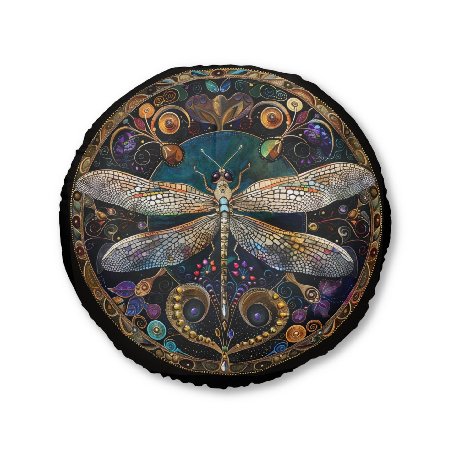 Artistic Dragonfly Tufted Floor Pillow, Round Accent Cushion for Home Decor, Boho Living Room Pillow, Nature-Inspired Gift, Mandala Style