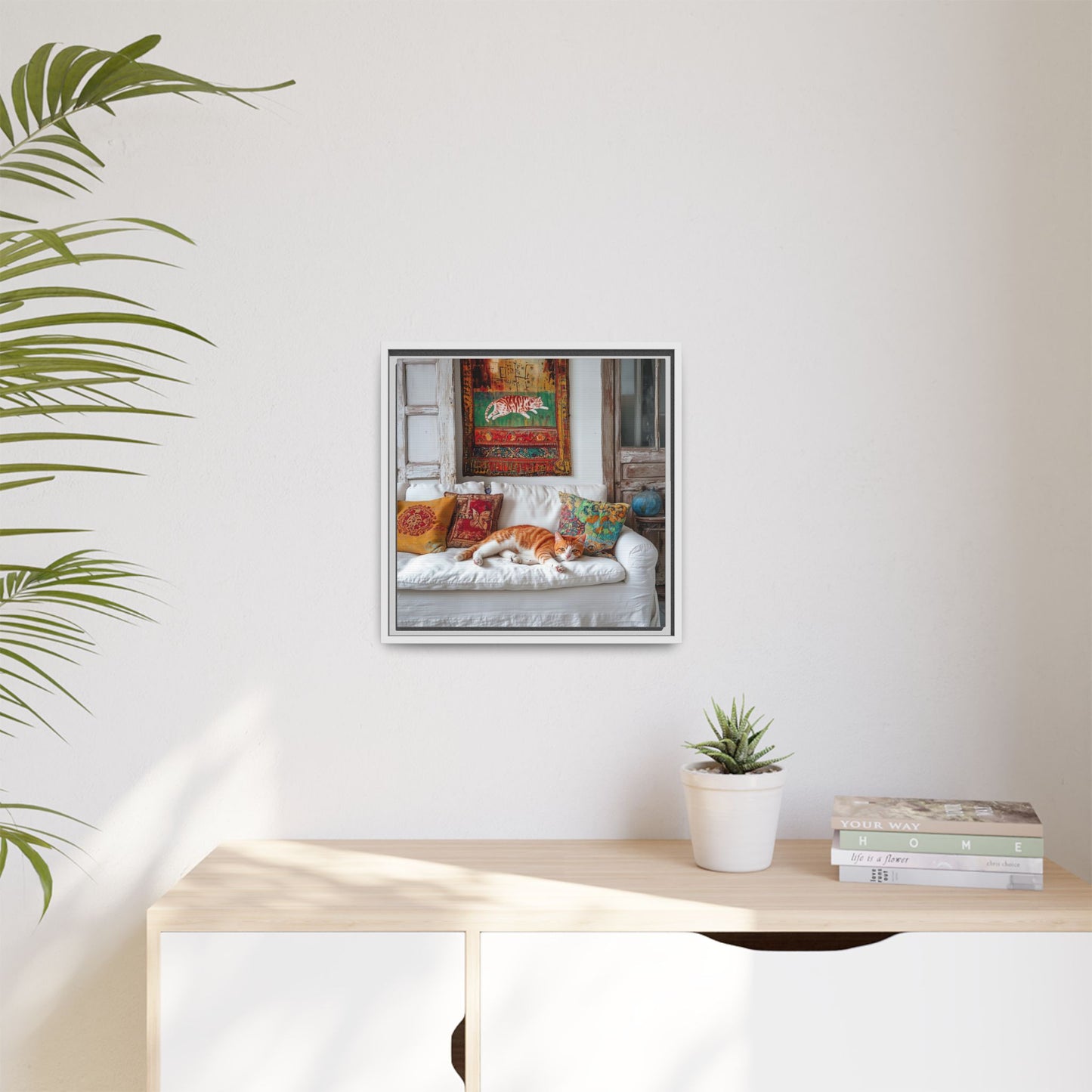 Orange Tabby "House Cat" Sleeping Ginger Cat Sofa Photo Framed Canvas