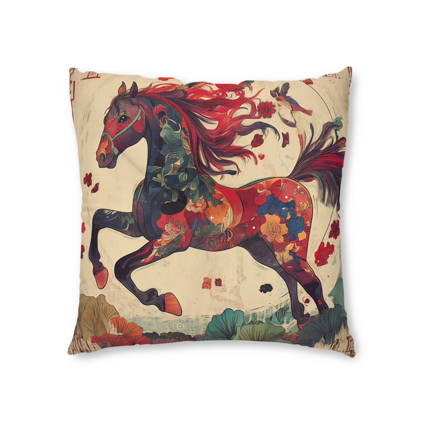 Year of the Horse Tufted Floor Pillow, Square | Colorful Equestrian Accent Cushion