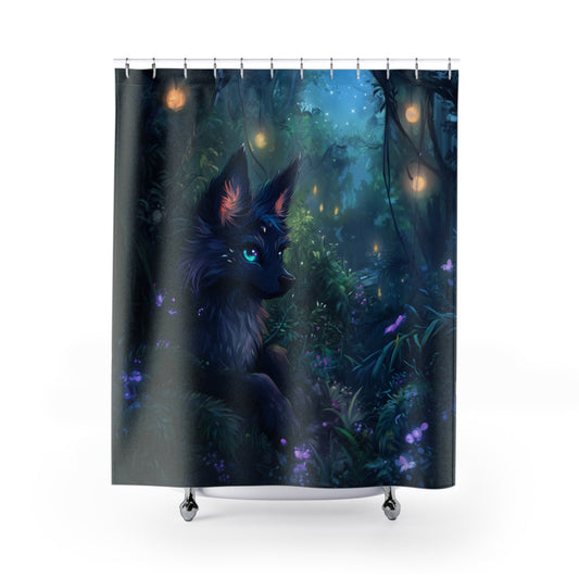 Mystical Forest Shower Curtain, Fantasy Bathroom Decor, Wolf Design, Nature-Inspired Home, Gift for Animal Lovers, Bohemian Decor