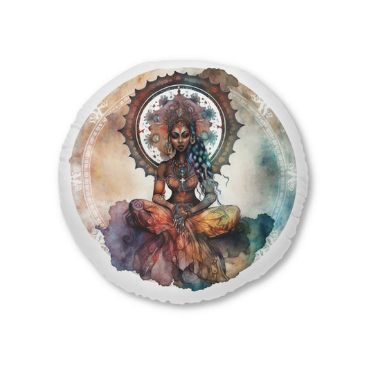 Bohemian Mystical Goddess Round Tufted Floor Pillow, Meditation Cushion, Boho Decor, Cozy Home Accent, Yoga Studio Essential