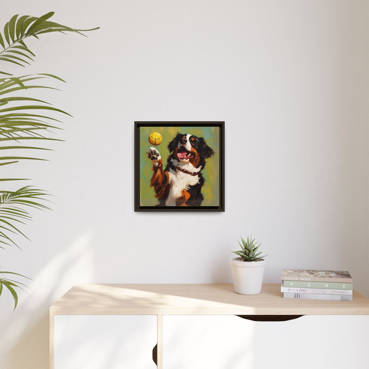 Bernese Mountain Dog Playing Picklball Canvas Wall Art, Matte Canvas Framed