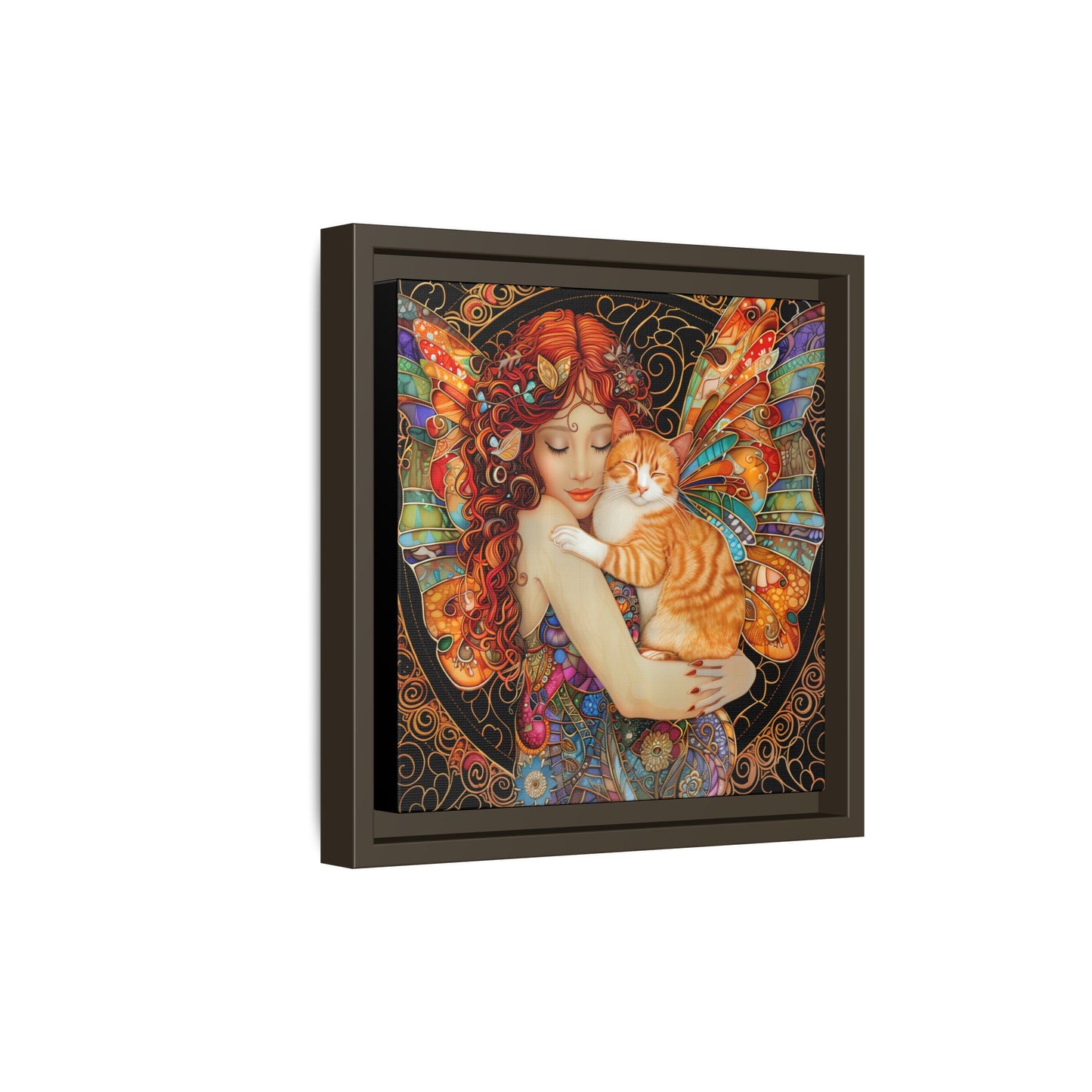 Framed "Tabby"  Fantasy Canvas Art Print - Whimsical Wall Decor, Fairy and Cat Illustration, Magical Gift for Cat Lovers