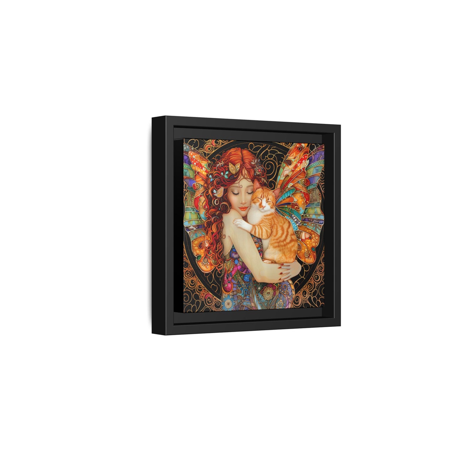 Framed "Tabby"  Fantasy Canvas Art Print - Whimsical Wall Decor, Fairy and Cat Illustration, Magical Gift for Cat Lovers