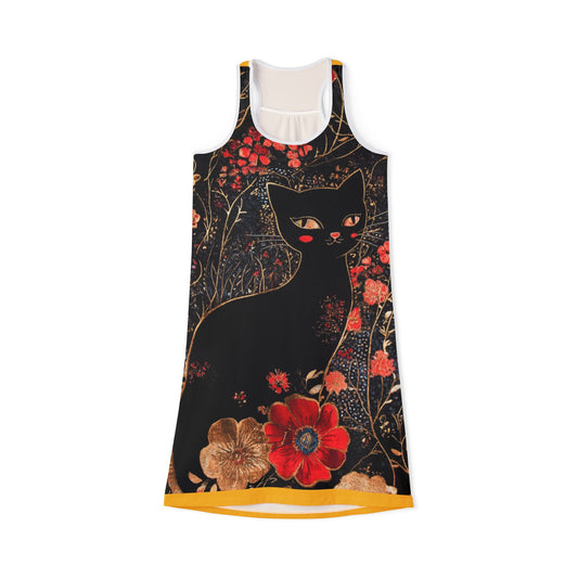 Geisha Black Cat Floral Women's Racerback Dress, Summer Dress, Beachwear, Casual Outfit, Halloween Dress, Gift for Cat Lovers, AOP Design