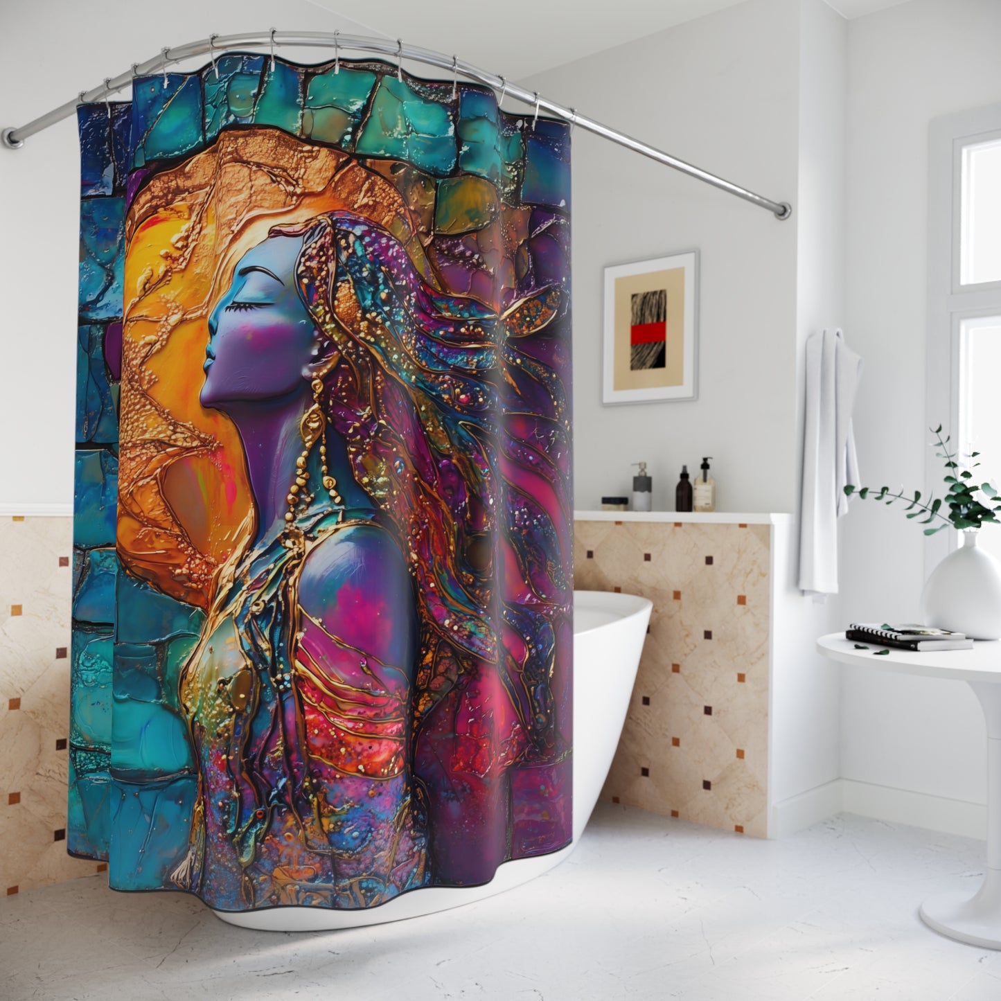 Goddess "Spirited" Shower Curtain, Bohemian Bath Decor, Colorful Shower Curtains for Relaxing Spaces, Ethereal Bathroom