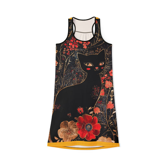 Geisha Black Cat Floral Women's Racerback Dress, Summer Dress, Beachwear, Casual Outfit, Halloween Dress, Gift for Cat Lovers, AOP Design