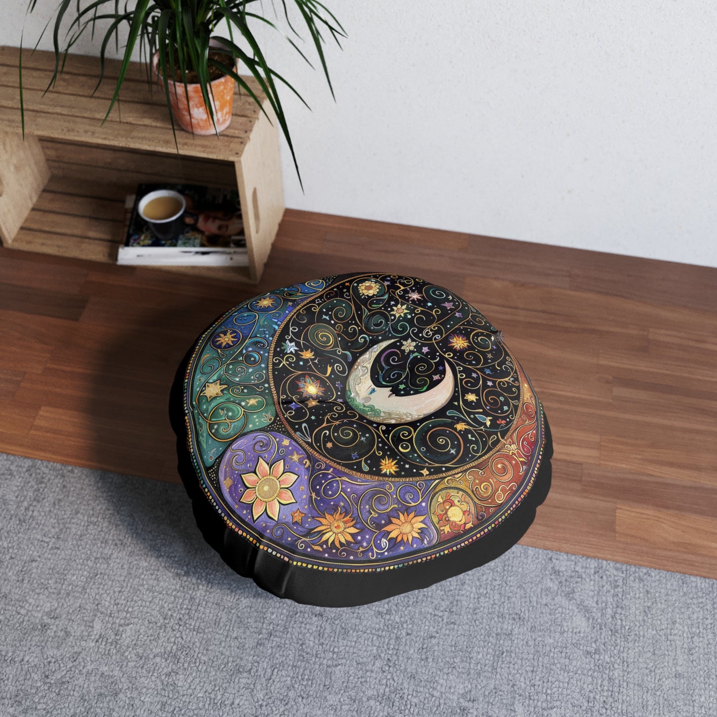 Celestial Tufted Floor Pillow, Round - Boho Home Décor, Meditation Cushion, Cosmic Decor, Astrology, Gift for Star Lovers