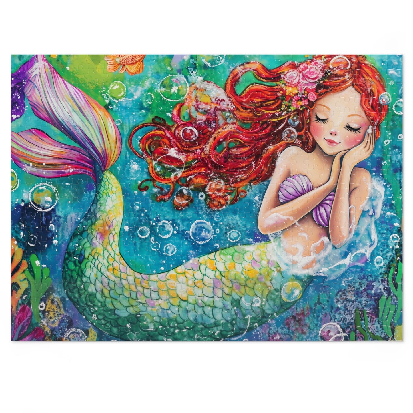 Whimsical Redhead Mermaid Jigsaw Puzzle with Tin | Colorful Underwater Scene