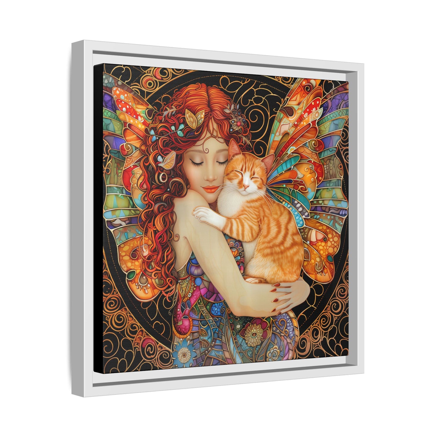 Framed "Tabby"  Fantasy Canvas Art Print - Whimsical Wall Decor, Fairy and Cat Illustration, Magical Gift for Cat Lovers