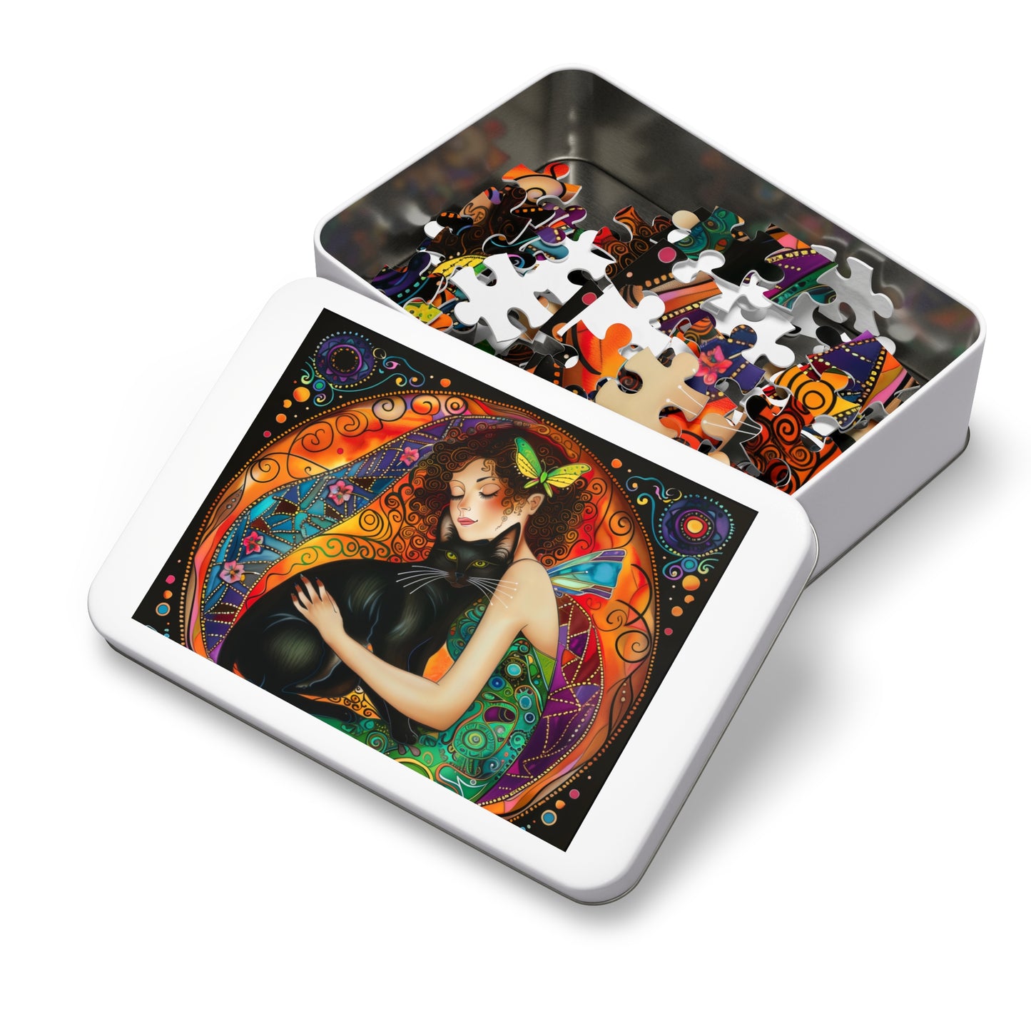 Fairy Embracing Black Cat Jigsaw Puzzle with Tin | Colorful Boho Art