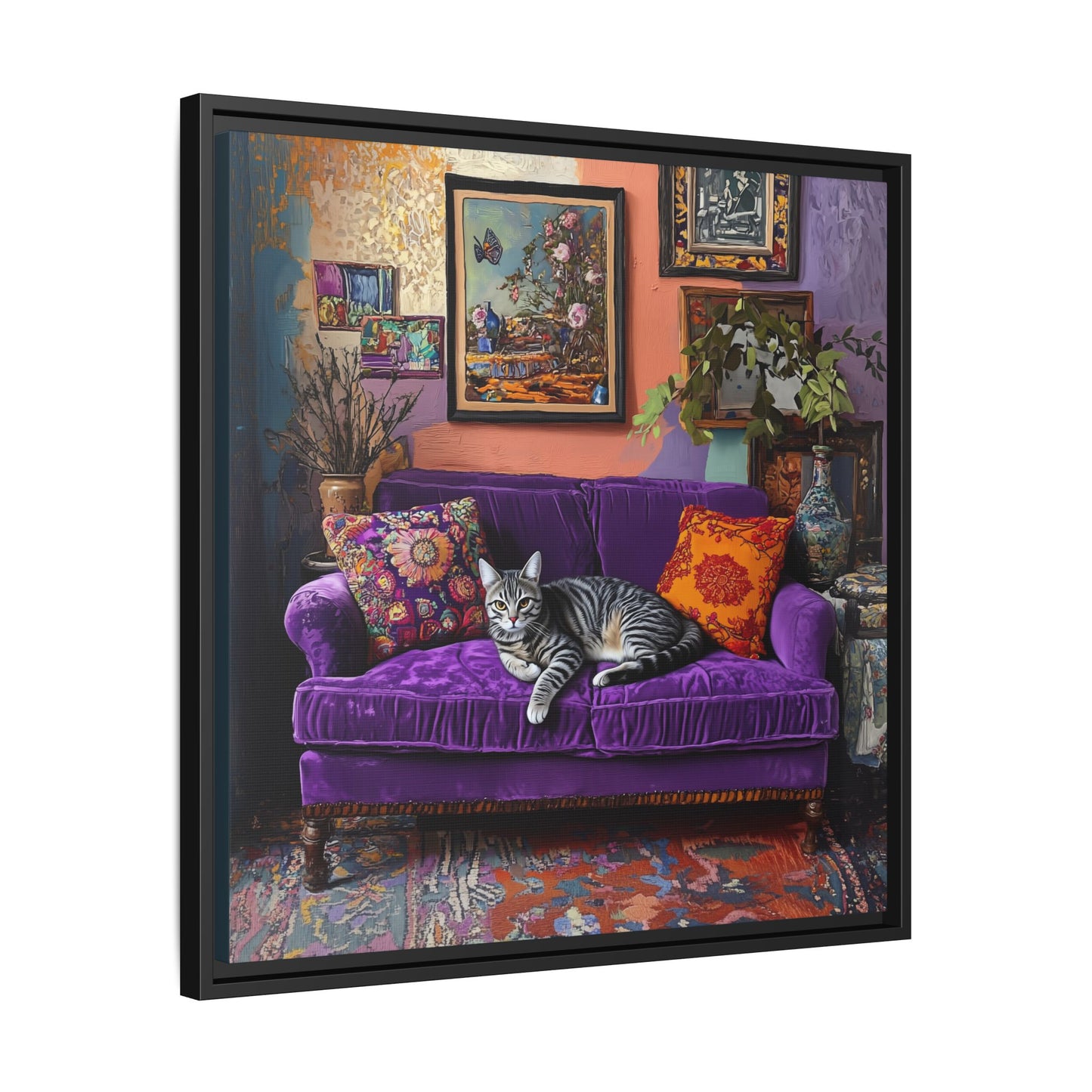 Tabby "House Cat" on Purple Velvet Sofa Matte Canvas Framed | Wall Art