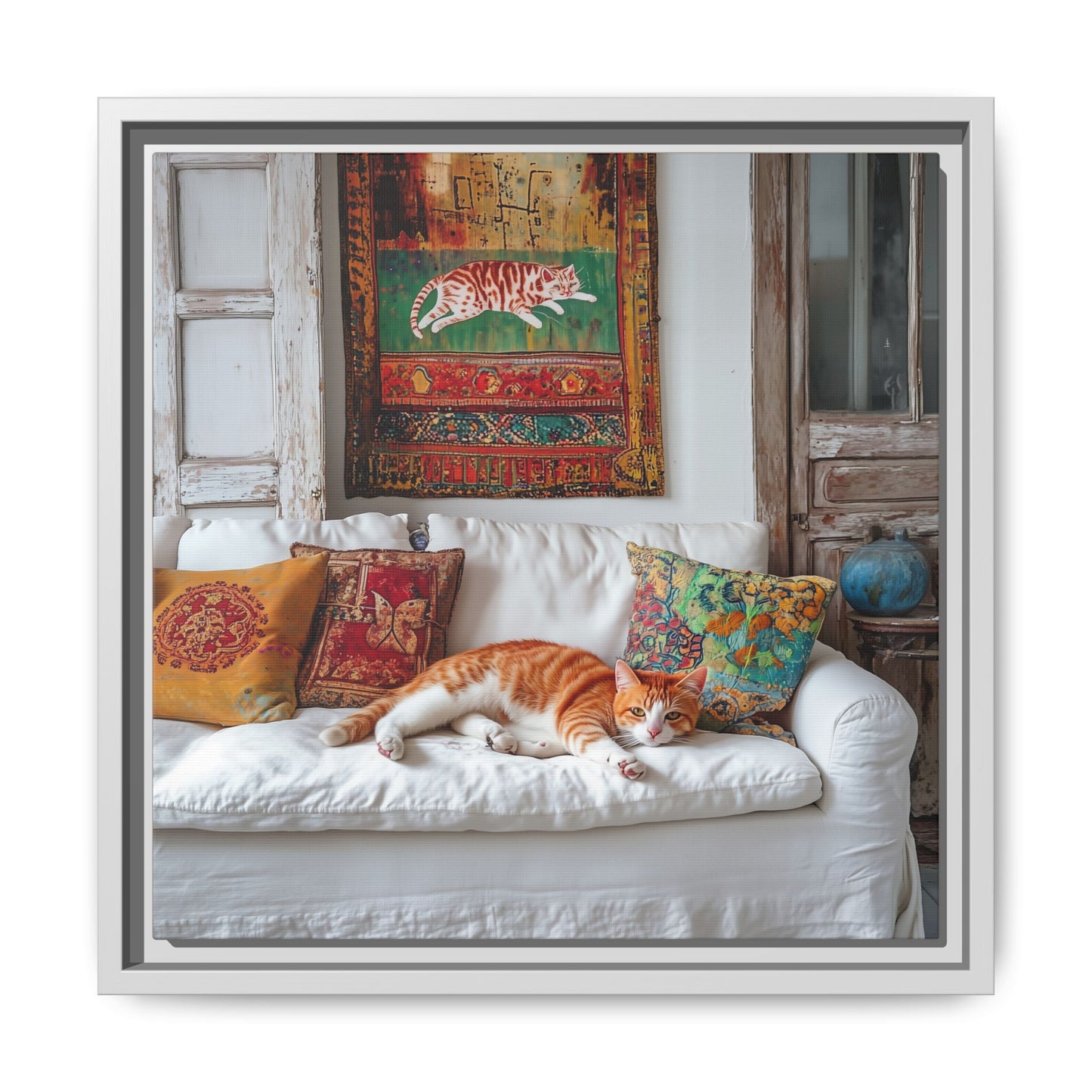 Orange Tabby "House Cat" Sleeping Ginger Cat Sofa Photo Framed Canvas